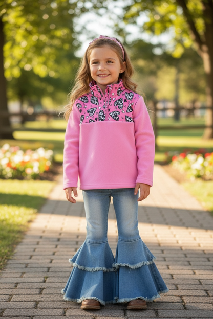 Girls Cow Hearts on Pink Pullover