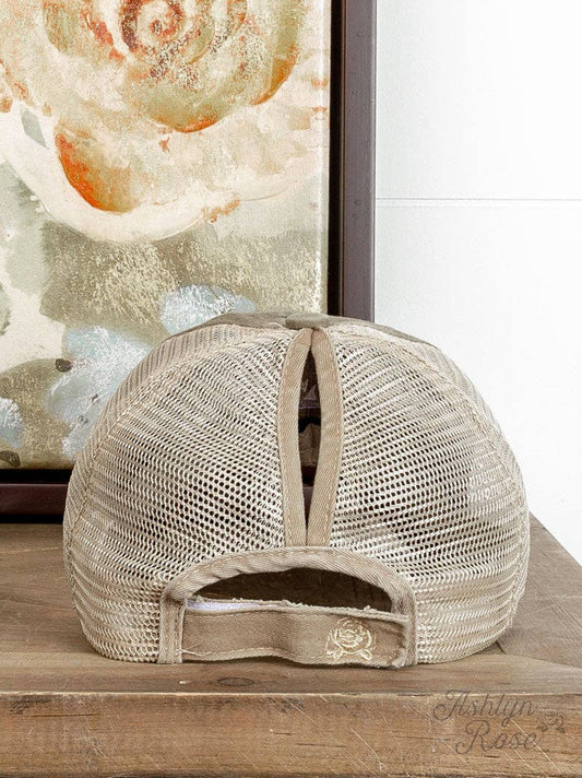Olive High Ponytail Hat with Leopard Under-Bill & Beige Mesh