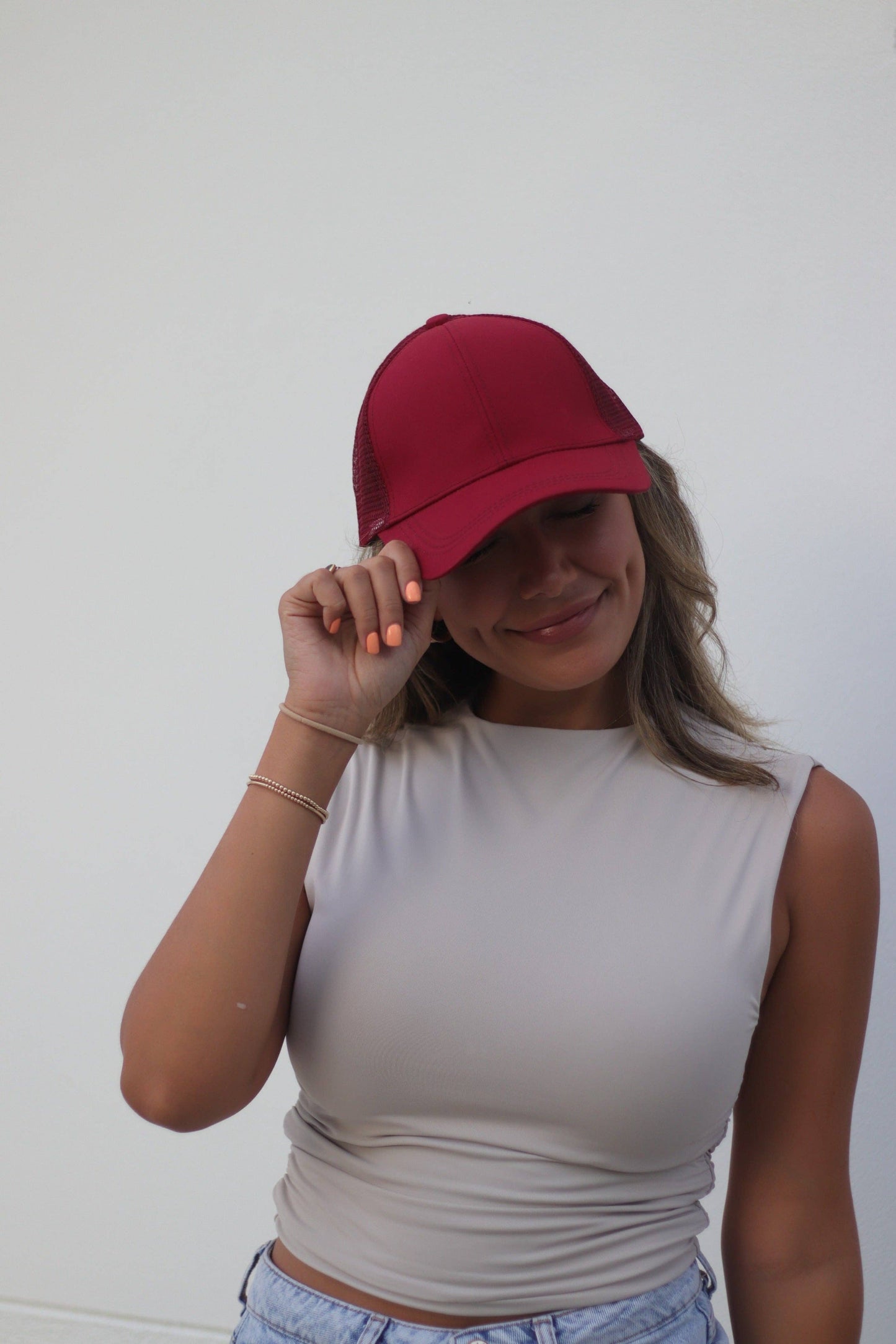 High Ponytail Baseball Hat with Mesh, Red