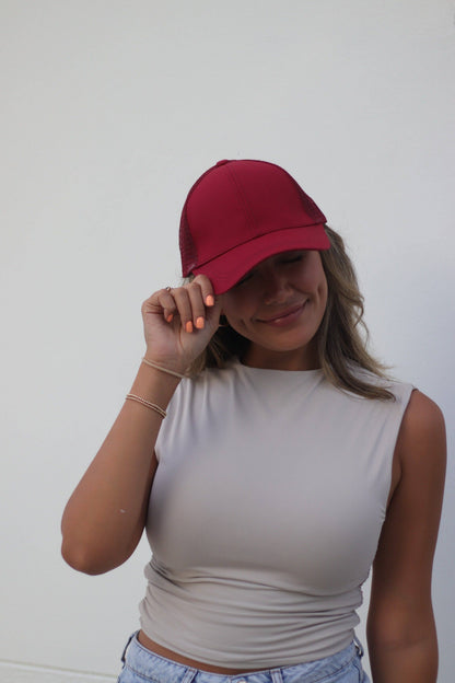 High Ponytail Baseball Hat with Mesh, Red