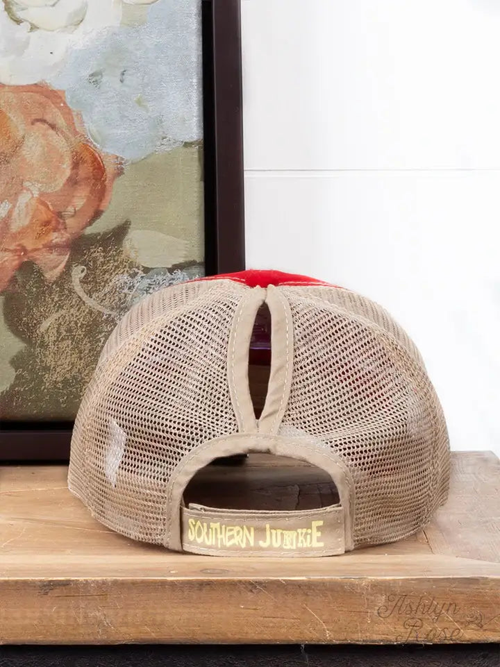 Red High Ponytail Baseball Hat with Beige Mesh