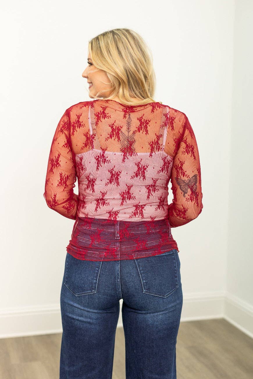 Mesh Long-sleeve Top, Red