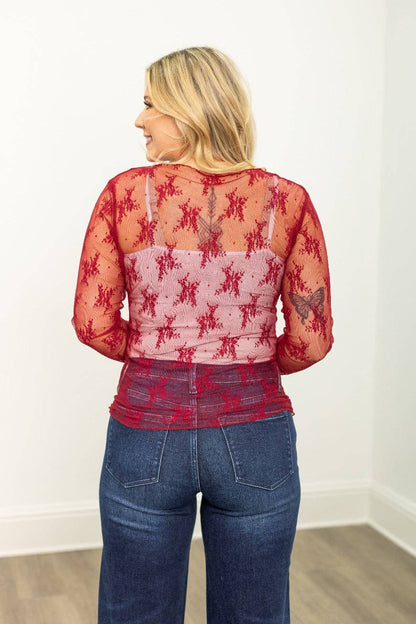 Mesh Long-sleeve Top, Red