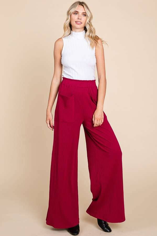 RUCHING FRILL WAIST WIDE PANTS - Magenta
