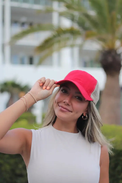Red High Ponytail Baseball Hat with Beige Mesh