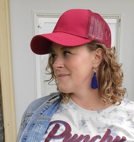 High Ponytail Baseball Hat with Mesh, Red
