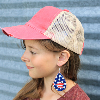 GIRLS High Ponytail RED Hat with Beige Mesh