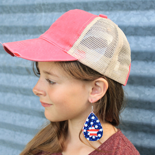 GIRLS High Ponytail RED Hat with Beige Mesh