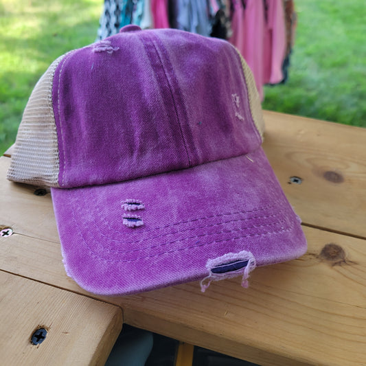 Kids Distressed Criss Cross High Pony Ball Cap - Purple