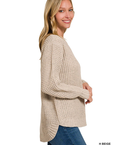 Hi-low Long Sleeve Waffle Sweater- Beige