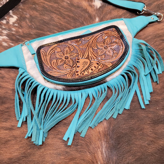 Cow Hide Fanny Pack with Fringe - Blue