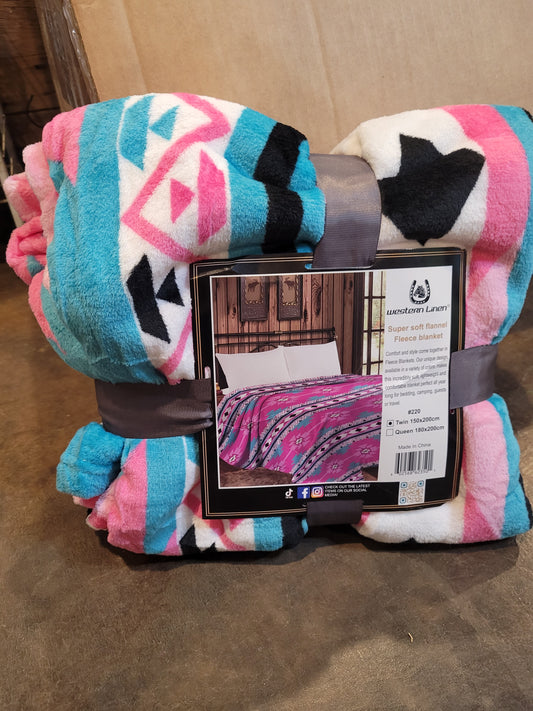 Twin Size Lightweight Throw Blanket - Pink/ Blue Aztec