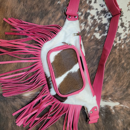 Cow Hide Fanny Pack with Fringe - Pink