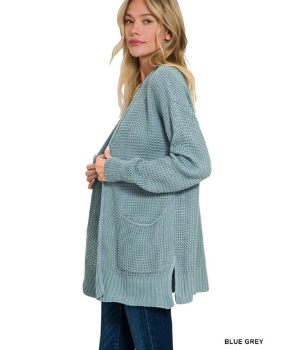Waffle Knit Sweater Cardigan - Blue Grey