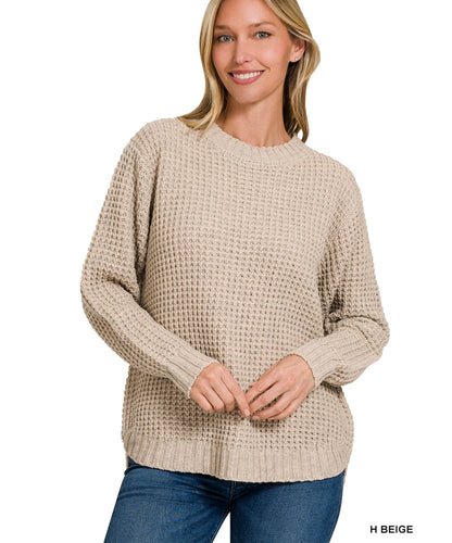Hi-low Long Sleeve Waffle Sweater- Beige