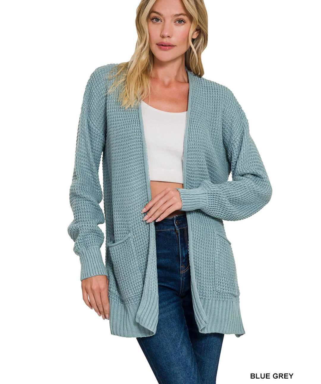 Waffle Knit Sweater Cardigan - Blue Grey
