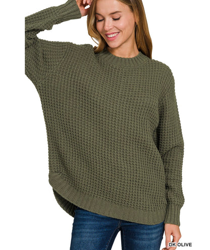 Hi-low Long Sleeve Waffle Sweater- Dark Olive