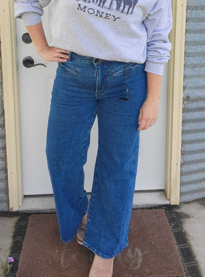 Dark Wash High Rise Front Pocket Detail Wide Leg Jeans