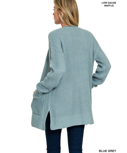 Waffle Knit Sweater Cardigan - Blue Grey