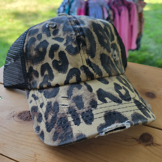Kids Distressed Criss Cross High Pony Ball Cap - Leopard
