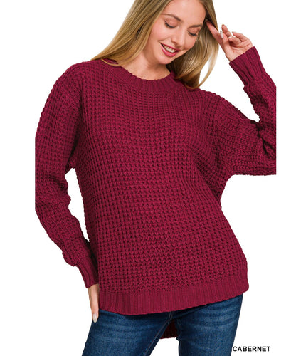 Hi-low Long Sleeve Waffle Sweater- Cabernet
