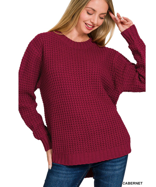 Hi-low Long Sleeve Waffle Sweater- Cabernet