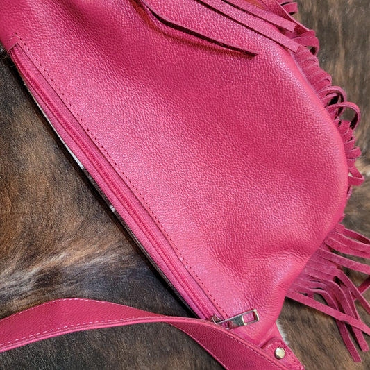 Cow Hide Fanny Pack with Fringe - Pink