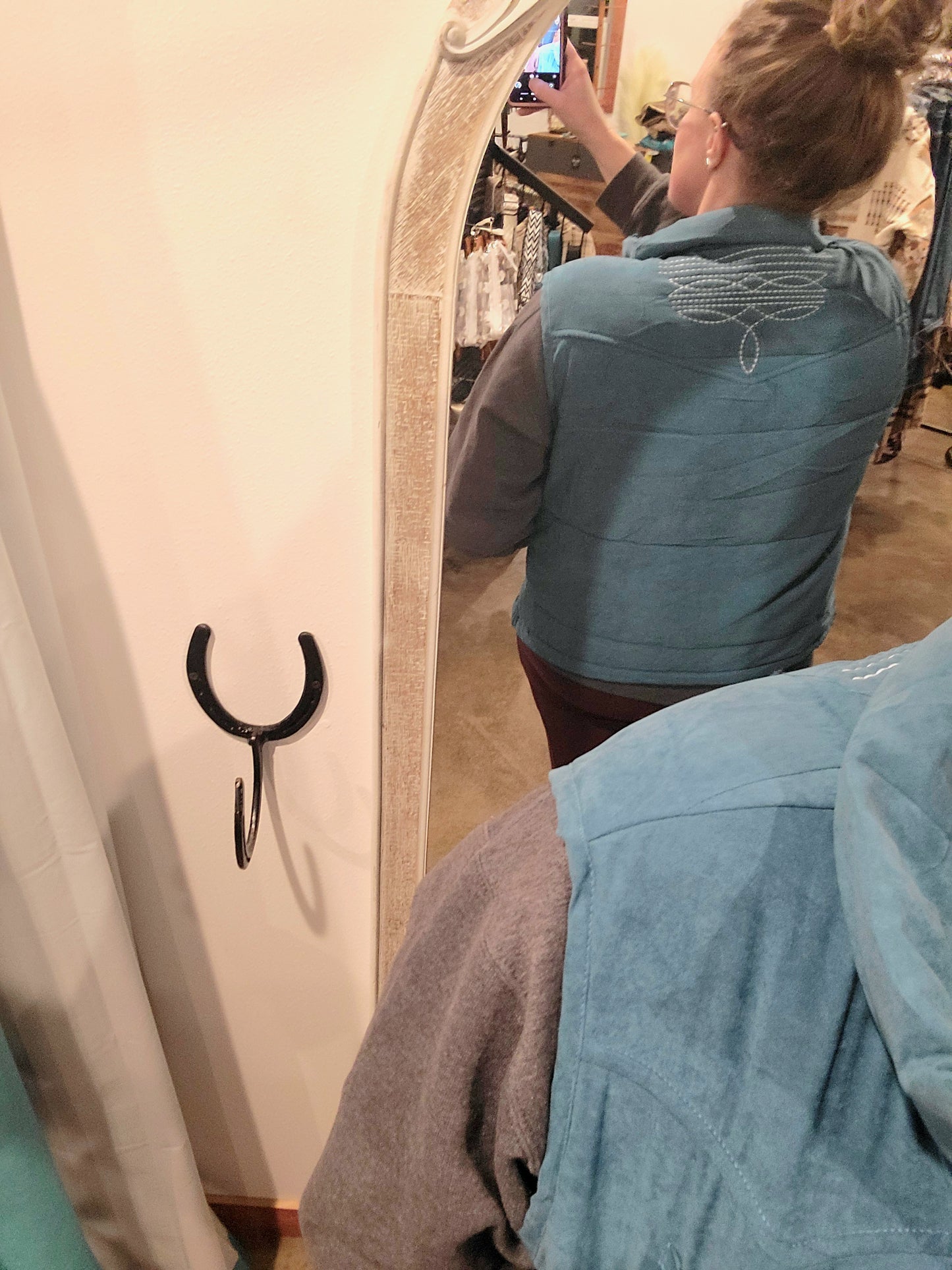 Blue Puffer Vest with Aztec Lining Boot Stitch Detail