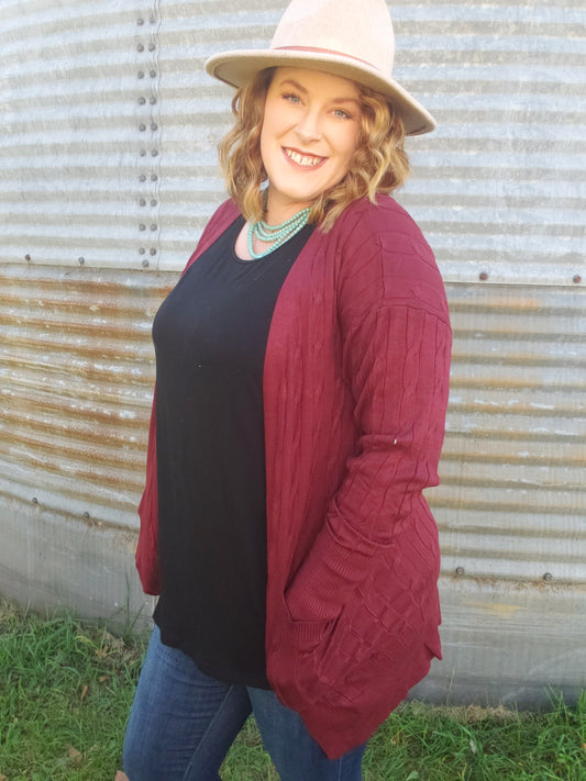 Cable Knit Cardigan with Pockets - Burgundy