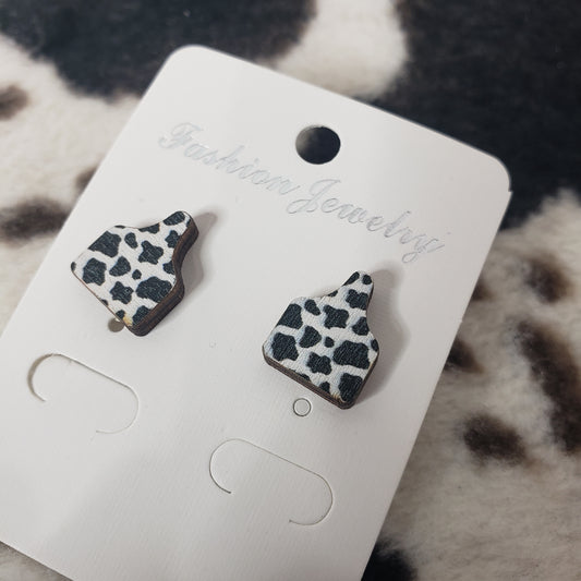 Cowprint Cow Tag Earrings - Laser cut wood
