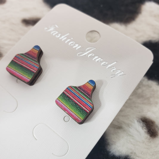 Serape Cow Tag Earrings - Laser cut wood